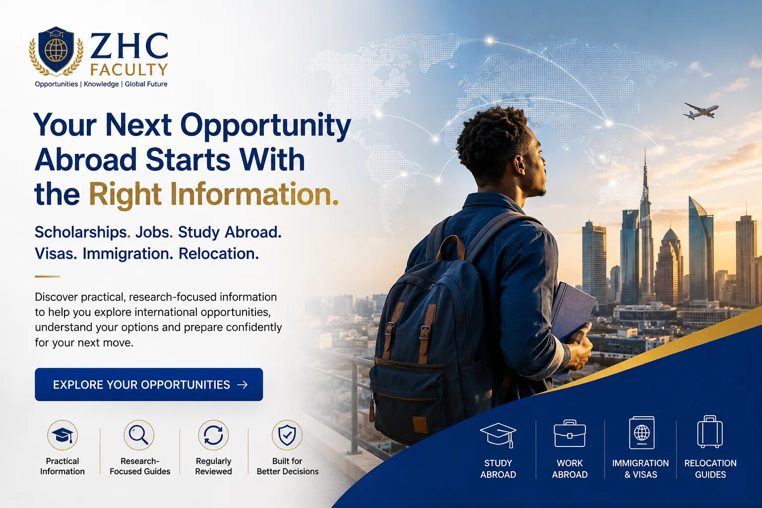 ZHC FACULTY global opportunities hero showing a student with a backpack overlooking an international city, with scholarships, jobs, study abroad, immigration and relocation themes